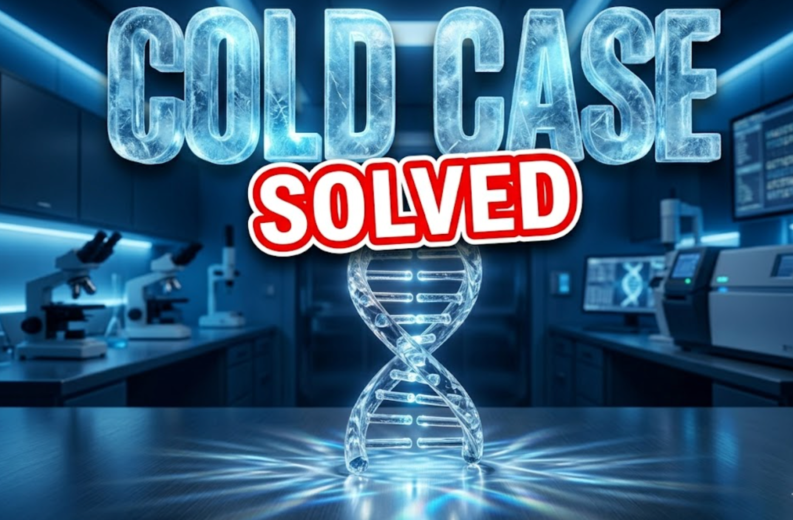 A viral, hyper-realistic YouTube thumbnail with a Crime/Mystery atmosphere. The background is a dim, high-tech forensic laboratory with blue mood lighting. The composition uses a low angle to focus on the main subject: a glowing DNA double helix structure made of glass. Image size should be 3:2. The image features massive 3D typography with strict hierarchy: The Primary Text reads exactly: 'COLD CASE'. This text is massive, the largest element in the frame, rendered in Frozen Ice texture to look like a high-budget 3D render. The Secondary Text reads exactly: 'SOLVED'. This text is significantly smaller, positioned below or next to the main text. It features a thick, distinct red border/outline (sticker style) to contrast against the background. Make sure text 2 is always different theme, style, effect and border compared to text 1.