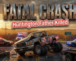 A viral, hyper-realistic YouTube thumbnail with a somber midwest highway atmosphere. The background is a rural Indiana intersection at golden hour with emergency lights flashing red and blue across corn fields. The composition uses a dramatic low angle to focus on the main subject: a twisted pickup truck wrapped around a massive semi trailer. Image size should be 3:2. The image features massive 3D typography with strict hierarchy: The Primary Text reads exactly: 'FATAL CRASH'. This text is massive, the largest element in the frame, rendered in weathered chrome to look like a high-budget 3D render. The Secondary Text reads exactly: 'Huntington Father Killed'. This text is significantly smaller, positioned below the main text. It features a thick, glowing red border/outline (sticker style) to contrast against the background. Make sure text 2 is always different theme, style, effect and border compared to text 1. The text materials correspond to the story's concept. Crucial Instruction: There is absolutely NO other text, numbers, watermarks, or subtitles in this image other than these two specific lines. 8k, Unreal Engine 5, cinematic render.