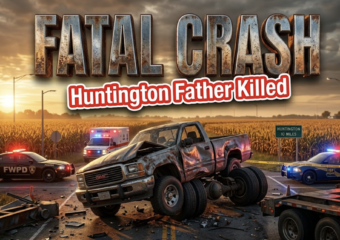 A viral, hyper-realistic YouTube thumbnail with a somber midwest highway atmosphere. The background is a rural Indiana intersection at golden hour with emergency lights flashing red and blue across corn fields. The composition uses a dramatic low angle to focus on the main subject: a twisted pickup truck wrapped around a massive semi trailer. Image size should be 3:2. The image features massive 3D typography with strict hierarchy: The Primary Text reads exactly: 'FATAL CRASH'. This text is massive, the largest element in the frame, rendered in weathered chrome to look like a high-budget 3D render. The Secondary Text reads exactly: 'Huntington Father Killed'. This text is significantly smaller, positioned below the main text. It features a thick, glowing red border/outline (sticker style) to contrast against the background. Make sure text 2 is always different theme, style, effect and border compared to text 1. The text materials correspond to the story's concept. Crucial Instruction: There is absolutely NO other text, numbers, watermarks, or subtitles in this image other than these two specific lines. 8k, Unreal Engine 5, cinematic render.