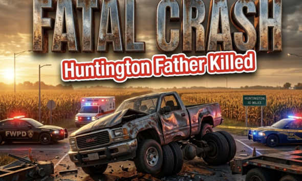 A viral, hyper-realistic YouTube thumbnail with a somber midwest highway atmosphere. The background is a rural Indiana intersection at golden hour with emergency lights flashing red and blue across corn fields. The composition uses a dramatic low angle to focus on the main subject: a twisted pickup truck wrapped around a massive semi trailer. Image size should be 3:2. The image features massive 3D typography with strict hierarchy: The Primary Text reads exactly: 'FATAL CRASH'. This text is massive, the largest element in the frame, rendered in weathered chrome to look like a high-budget 3D render. The Secondary Text reads exactly: 'Huntington Father Killed'. This text is significantly smaller, positioned below the main text. It features a thick, glowing red border/outline (sticker style) to contrast against the background. Make sure text 2 is always different theme, style, effect and border compared to text 1. The text materials correspond to the story's concept. Crucial Instruction: There is absolutely NO other text, numbers, watermarks, or subtitles in this image other than these two specific lines. 8k, Unreal Engine 5, cinematic render.