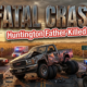 A viral, hyper-realistic YouTube thumbnail with a somber midwest highway atmosphere. The background is a rural Indiana intersection at golden hour with emergency lights flashing red and blue across corn fields. The composition uses a dramatic low angle to focus on the main subject: a twisted pickup truck wrapped around a massive semi trailer. Image size should be 3:2. The image features massive 3D typography with strict hierarchy: The Primary Text reads exactly: 'FATAL CRASH'. This text is massive, the largest element in the frame, rendered in weathered chrome to look like a high-budget 3D render. The Secondary Text reads exactly: 'Huntington Father Killed'. This text is significantly smaller, positioned below the main text. It features a thick, glowing red border/outline (sticker style) to contrast against the background. Make sure text 2 is always different theme, style, effect and border compared to text 1. The text materials correspond to the story's concept. Crucial Instruction: There is absolutely NO other text, numbers, watermarks, or subtitles in this image other than these two specific lines. 8k, Unreal Engine 5, cinematic render.