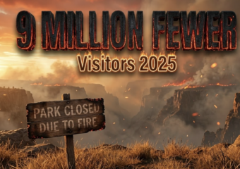 A viral, hyper-realistic YouTube thumbnail with a dramatic, smoky wildfire atmosphere. The background is a vast, empty Black Canyon landscape shrouded in thick orange-gray smoke at golden hour with glowing embers floating in the air. The composition uses a low-angle cinematic shot to focus on the main subject: a weathered "Park Closed Due to Fire" wooden sign staked in dry grass in the foreground. Image size should be 3:2. The image features massive 3D typography with strict hierarchy: The Primary Text reads exactly: '9 MILLION FEWER'. This text is massive, the largest element in the frame, rendered in charred black metal with glowing red ember edges to look like a high-budget 3D render. The Secondary Text reads exactly: 'Visitors 2025'. This text is significantly smaller, positioned below the main text with a bright orange outline and subtle flame flicker effect to contrast against the smoky background. Make sure text 2 is always different theme, style, effect and border compared to text 1. The text materials correspond to the story's concept. Crucial Instruction: There is absolutely NO other text, numbers, watermarks, or subtitles in this image other than these two specific lines. 8k, Unreal Engine 5, cinematic render