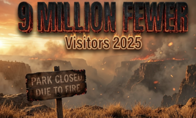 A viral, hyper-realistic YouTube thumbnail with a dramatic, smoky wildfire atmosphere. The background is a vast, empty Black Canyon landscape shrouded in thick orange-gray smoke at golden hour with glowing embers floating in the air. The composition uses a low-angle cinematic shot to focus on the main subject: a weathered "Park Closed Due to Fire" wooden sign staked in dry grass in the foreground. Image size should be 3:2. The image features massive 3D typography with strict hierarchy: The Primary Text reads exactly: '9 MILLION FEWER'. This text is massive, the largest element in the frame, rendered in charred black metal with glowing red ember edges to look like a high-budget 3D render. The Secondary Text reads exactly: 'Visitors 2025'. This text is significantly smaller, positioned below the main text with a bright orange outline and subtle flame flicker effect to contrast against the smoky background. Make sure text 2 is always different theme, style, effect and border compared to text 1. The text materials correspond to the story's concept. Crucial Instruction: There is absolutely NO other text, numbers, watermarks, or subtitles in this image other than these two specific lines. 8k, Unreal Engine 5, cinematic render