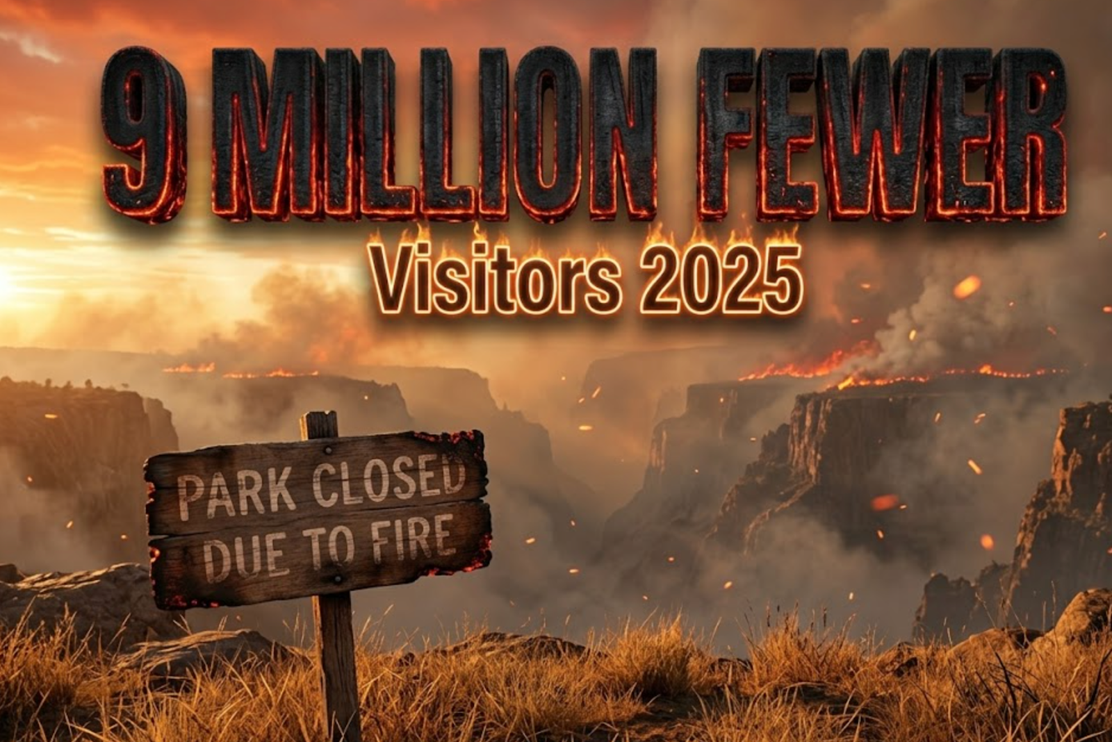 A viral, hyper-realistic YouTube thumbnail with a dramatic, smoky wildfire atmosphere. The background is a vast, empty Black Canyon landscape shrouded in thick orange-gray smoke at golden hour with glowing embers floating in the air. The composition uses a low-angle cinematic shot to focus on the main subject: a weathered "Park Closed Due to Fire" wooden sign staked in dry grass in the foreground. Image size should be 3:2. The image features massive 3D typography with strict hierarchy: The Primary Text reads exactly: '9 MILLION FEWER'. This text is massive, the largest element in the frame, rendered in charred black metal with glowing red ember edges to look like a high-budget 3D render. The Secondary Text reads exactly: 'Visitors 2025'. This text is significantly smaller, positioned below the main text with a bright orange outline and subtle flame flicker effect to contrast against the smoky background. Make sure text 2 is always different theme, style, effect and border compared to text 1. The text materials correspond to the story's concept. Crucial Instruction: There is absolutely NO other text, numbers, watermarks, or subtitles in this image other than these two specific lines. 8k, Unreal Engine 5, cinematic render