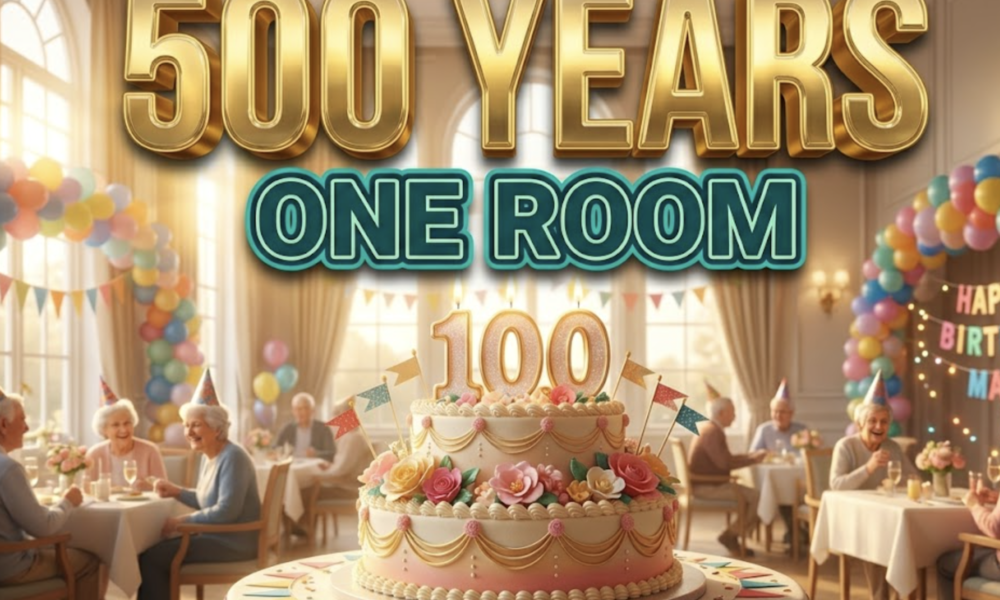 A viral, hyper-realistic YouTube thumbnail with a LIFESTYLE atmosphere. The background is a bright, festive senior living party room with warm, golden-hour lighting streaming through windows. The composition uses a slightly low angle to focus on the main subject: a beautifully decorated birthday cake with '100' candles. Image size should be 3:2. The image features massive 3D typography with strict hierarchy: The Primary Text reads exactly: '500 YEARS'. This text is massive, the largest element in the frame, rendered in Gold to look like a high-budget 3D render. The Secondary Text reads exactly: 'ONE ROOM'. This text is significantly smaller, positioned below or next to the main text. It features a thick, distinct color border/outline (sticker style) to contrast against the background. Make sure text 2 is always different theme, style, effect and border compared to text 1.