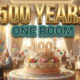 A viral, hyper-realistic YouTube thumbnail with a LIFESTYLE atmosphere. The background is a bright, festive senior living party room with warm, golden-hour lighting streaming through windows. The composition uses a slightly low angle to focus on the main subject: a beautifully decorated birthday cake with '100' candles. Image size should be 3:2. The image features massive 3D typography with strict hierarchy: The Primary Text reads exactly: '500 YEARS'. This text is massive, the largest element in the frame, rendered in Gold to look like a high-budget 3D render. The Secondary Text reads exactly: 'ONE ROOM'. This text is significantly smaller, positioned below or next to the main text. It features a thick, distinct color border/outline (sticker style) to contrast against the background. Make sure text 2 is always different theme, style, effect and border compared to text 1.