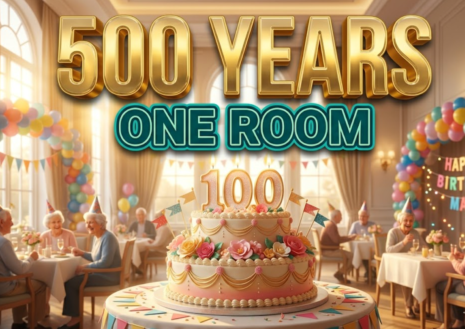 A viral, hyper-realistic YouTube thumbnail with a LIFESTYLE atmosphere. The background is a bright, festive senior living party room with warm, golden-hour lighting streaming through windows. The composition uses a slightly low angle to focus on the main subject: a beautifully decorated birthday cake with '100' candles. Image size should be 3:2. The image features massive 3D typography with strict hierarchy: The Primary Text reads exactly: '500 YEARS'. This text is massive, the largest element in the frame, rendered in Gold to look like a high-budget 3D render. The Secondary Text reads exactly: 'ONE ROOM'. This text is significantly smaller, positioned below or next to the main text. It features a thick, distinct color border/outline (sticker style) to contrast against the background. Make sure text 2 is always different theme, style, effect and border compared to text 1.
