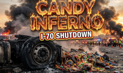 A viral, hyper-realistic YouTube thumbnail with a Chaotic News atmosphere. The background is a Smoke-filled highway landscape at sunrise with flashing emergency lights. The composition uses a Low Angle to focus on the main subject: a Charred Semi-Truck Wheel and Melting Cargo. Image size should be 3:2. The image features massive 3D typography with strict hierarchy: The Primary Text reads exactly: 'CANDY INFERNO'. This text is massive, the largest element in the frame, rendered in Molten Sugar and Fire to look like a high-budget 3D render. The Secondary Text reads exactly: 'I-70 SHUTDOWN'. This text is significantly smaller, positioned below or next to the main text. It features a thick, distinct color border/outline (sticker style) to contrast against the background. Make sure text 2 is always different theme, style, effect and border compared to text 1.