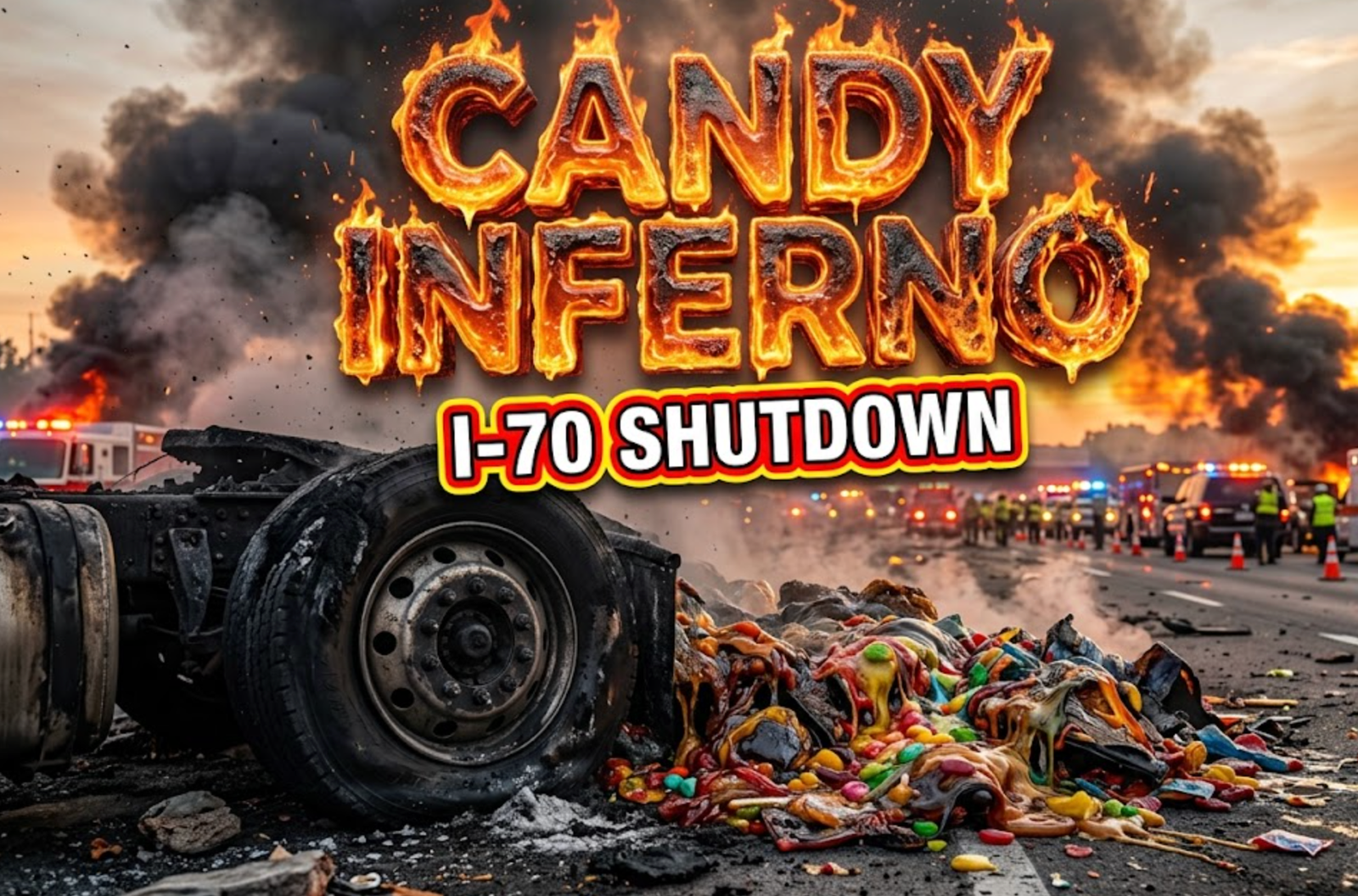 A viral, hyper-realistic YouTube thumbnail with a Chaotic News atmosphere. The background is a Smoke-filled highway landscape at sunrise with flashing emergency lights. The composition uses a Low Angle to focus on the main subject: a Charred Semi-Truck Wheel and Melting Cargo. Image size should be 3:2. The image features massive 3D typography with strict hierarchy: The Primary Text reads exactly: 'CANDY INFERNO'. This text is massive, the largest element in the frame, rendered in Molten Sugar and Fire to look like a high-budget 3D render. The Secondary Text reads exactly: 'I-70 SHUTDOWN'. This text is significantly smaller, positioned below or next to the main text. It features a thick, distinct color border/outline (sticker style) to contrast against the background. Make sure text 2 is always different theme, style, effect and border compared to text 1.