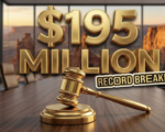 A viral, hyper-realistic YouTube thumbnail with a Business Gold atmosphere. The background is a blurred, high-end modern boardroom overlooking the Colorado National Monument with warm sunset lighting. The composition uses a Low Angle to focus on the main subject: a detailed Faceless Gold Gavel resting on a wooden table. Image size should be 3:2. The image features massive 3D typography with strict hierarchy: The Primary Text reads exactly: '$195 MILLION'. This text is massive, the largest element in the frame, rendered in Gold to look like a high-budget 3D render. The Secondary Text reads exactly: 'RECORD BREAKING'. This text is significantly smaller, positioned below or next to the main text. It features a thick, distinct color border/outline (sticker style) to contrast against the background. Make sure text 2 is always different theme, style, effect and border compared to text 1.