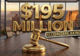 A viral, hyper-realistic YouTube thumbnail with a Business Gold atmosphere. The background is a blurred, high-end modern boardroom overlooking the Colorado National Monument with warm sunset lighting. The composition uses a Low Angle to focus on the main subject: a detailed Faceless Gold Gavel resting on a wooden table. Image size should be 3:2. The image features massive 3D typography with strict hierarchy: The Primary Text reads exactly: '$195 MILLION'. This text is massive, the largest element in the frame, rendered in Gold to look like a high-budget 3D render. The Secondary Text reads exactly: 'RECORD BREAKING'. This text is significantly smaller, positioned below or next to the main text. It features a thick, distinct color border/outline (sticker style) to contrast against the background. Make sure text 2 is always different theme, style, effect and border compared to text 1.