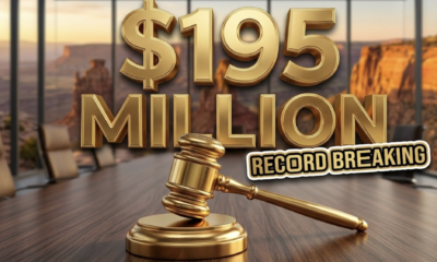 A viral, hyper-realistic YouTube thumbnail with a Business Gold atmosphere. The background is a blurred, high-end modern boardroom overlooking the Colorado National Monument with warm sunset lighting. The composition uses a Low Angle to focus on the main subject: a detailed Faceless Gold Gavel resting on a wooden table. Image size should be 3:2. The image features massive 3D typography with strict hierarchy: The Primary Text reads exactly: '$195 MILLION'. This text is massive, the largest element in the frame, rendered in Gold to look like a high-budget 3D render. The Secondary Text reads exactly: 'RECORD BREAKING'. This text is significantly smaller, positioned below or next to the main text. It features a thick, distinct color border/outline (sticker style) to contrast against the background. Make sure text 2 is always different theme, style, effect and border compared to text 1.