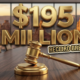 A viral, hyper-realistic YouTube thumbnail with a Business Gold atmosphere. The background is a blurred, high-end modern boardroom overlooking the Colorado National Monument with warm sunset lighting. The composition uses a Low Angle to focus on the main subject: a detailed Faceless Gold Gavel resting on a wooden table. Image size should be 3:2. The image features massive 3D typography with strict hierarchy: The Primary Text reads exactly: '$195 MILLION'. This text is massive, the largest element in the frame, rendered in Gold to look like a high-budget 3D render. The Secondary Text reads exactly: 'RECORD BREAKING'. This text is significantly smaller, positioned below or next to the main text. It features a thick, distinct color border/outline (sticker style) to contrast against the background. Make sure text 2 is always different theme, style, effect and border compared to text 1.