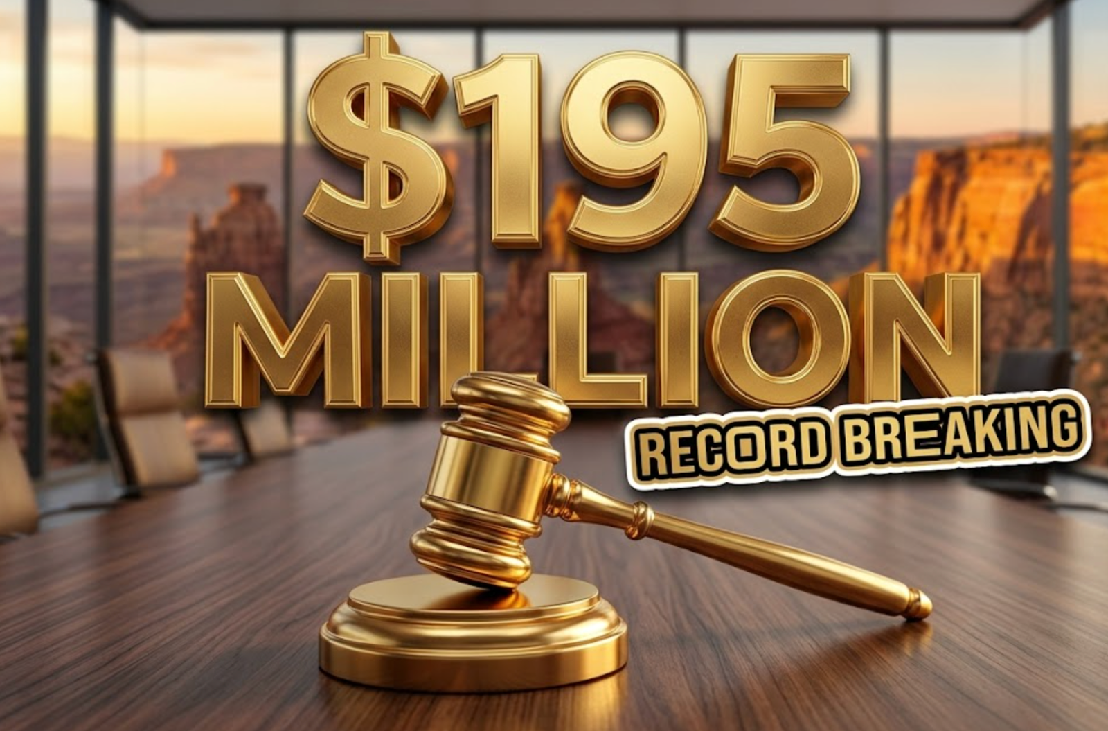 A viral, hyper-realistic YouTube thumbnail with a Business Gold atmosphere. The background is a blurred, high-end modern boardroom overlooking the Colorado National Monument with warm sunset lighting. The composition uses a Low Angle to focus on the main subject: a detailed Faceless Gold Gavel resting on a wooden table. Image size should be 3:2. The image features massive 3D typography with strict hierarchy: The Primary Text reads exactly: '$195 MILLION'. This text is massive, the largest element in the frame, rendered in Gold to look like a high-budget 3D render. The Secondary Text reads exactly: 'RECORD BREAKING'. This text is significantly smaller, positioned below or next to the main text. It features a thick, distinct color border/outline (sticker style) to contrast against the background. Make sure text 2 is always different theme, style, effect and border compared to text 1.