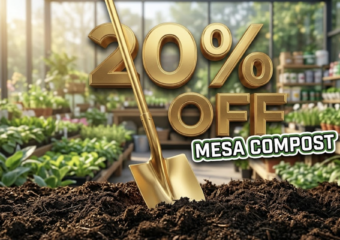 A viral, hyper-realistic YouTube thumbnail with a bright, earthy Spring Gardening atmosphere. The background is a sun-drenched, high-definition garden center with piles of rich, dark soil and vibrant green plants in soft morning light. The composition uses a Low Angle to focus on the main subject: a pristine, golden Shovel thrust into a mound of dark compost. Image size should be 3:2. The image features massive 3D typography with strict hierarchy: The Primary Text reads exactly: '20% OFF'. This text is massive, the largest element in the frame, rendered in Gold to look like a high-budget 3D render. The Secondary Text reads exactly: 'MESA COMPOST'. This text is significantly smaller, positioned below the main text. It features a thick, distinct green border/outline (sticker style) to contrast against the background. Make sure text 2 is always different theme, style, effect and border compared to text 1.