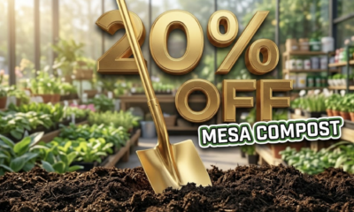 A viral, hyper-realistic YouTube thumbnail with a bright, earthy Spring Gardening atmosphere. The background is a sun-drenched, high-definition garden center with piles of rich, dark soil and vibrant green plants in soft morning light. The composition uses a Low Angle to focus on the main subject: a pristine, golden Shovel thrust into a mound of dark compost. Image size should be 3:2. The image features massive 3D typography with strict hierarchy: The Primary Text reads exactly: '20% OFF'. This text is massive, the largest element in the frame, rendered in Gold to look like a high-budget 3D render. The Secondary Text reads exactly: 'MESA COMPOST'. This text is significantly smaller, positioned below the main text. It features a thick, distinct green border/outline (sticker style) to contrast against the background. Make sure text 2 is always different theme, style, effect and border compared to text 1.