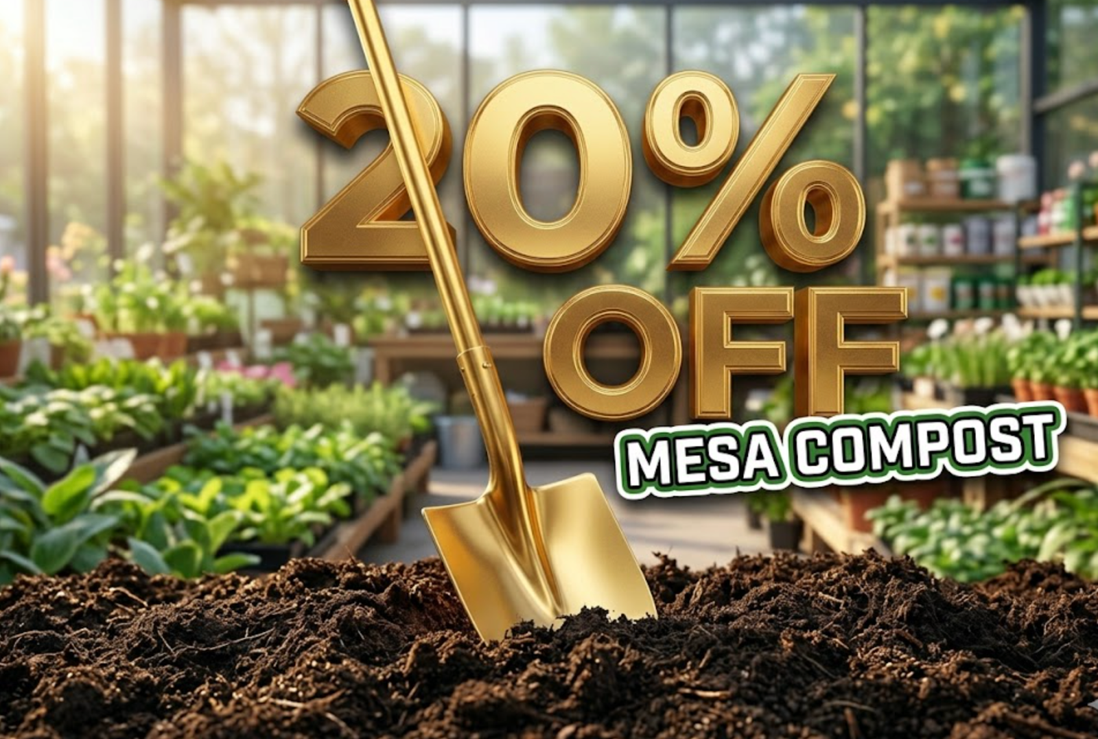 A viral, hyper-realistic YouTube thumbnail with a bright, earthy Spring Gardening atmosphere. The background is a sun-drenched, high-definition garden center with piles of rich, dark soil and vibrant green plants in soft morning light. The composition uses a Low Angle to focus on the main subject: a pristine, golden Shovel thrust into a mound of dark compost. Image size should be 3:2. The image features massive 3D typography with strict hierarchy: The Primary Text reads exactly: '20% OFF'. This text is massive, the largest element in the frame, rendered in Gold to look like a high-budget 3D render. The Secondary Text reads exactly: 'MESA COMPOST'. This text is significantly smaller, positioned below the main text. It features a thick, distinct green border/outline (sticker style) to contrast against the background. Make sure text 2 is always different theme, style, effect and border compared to text 1.
