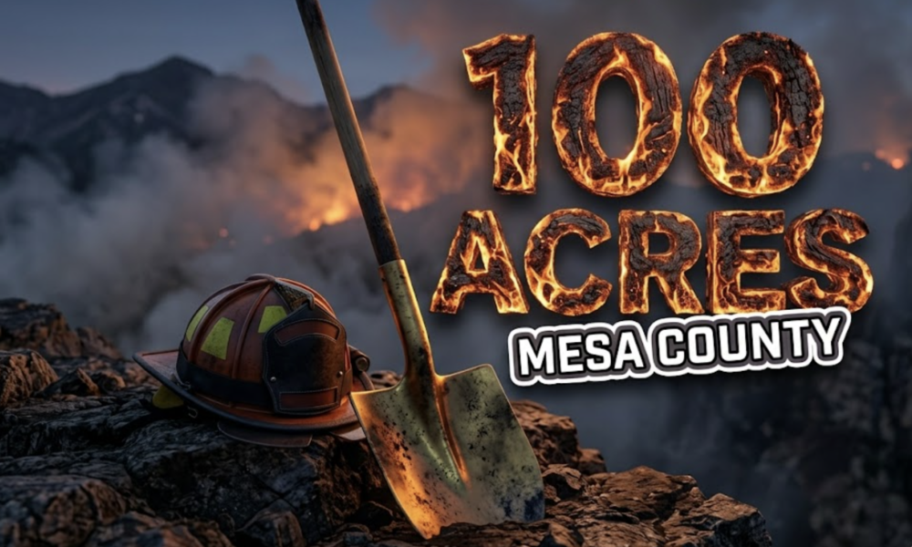 A viral, hyper-realistic YouTube thumbnail with a Crisis News atmosphere. The background is a rugged Colorado mountain landscape near Collbran with smoke billowing into a twilight sky and warm orange glow from distant flames. The composition uses a Low Angle to focus on the main subject: a detailed Faceless Firefighter Helmet resting on a rocky ledge in the foreground. Image size should be 3:2. The image features massive 3D typography with strict hierarchy: The Primary Text reads exactly: '100 ACRES'. This text is massive, the largest element in the frame, rendered in Fire and Ember Texture to look like a high-budget 3D render. The Secondary Text reads exactly: 'MESA COUNTY'. This text is significantly smaller, positioned below the main text. It features a thick, distinct white border/outline (sticker style) to contrast against the background. Make sure text 2 is always different theme, style, effect and border compared to text 1. The text materials correspond to the story's concept. Crucial Instruction: There is absolutely NO other text, numbers, watermarks, or subtitles in this image other than these two specific lines. 8k, Unreal Engine 5, cinematic render.