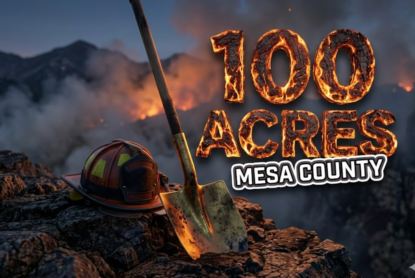 A viral, hyper-realistic YouTube thumbnail with a Crisis News atmosphere. The background is a rugged Colorado mountain landscape near Collbran with smoke billowing into a twilight sky and warm orange glow from distant flames. The composition uses a Low Angle to focus on the main subject: a detailed Faceless Firefighter Helmet resting on a rocky ledge in the foreground. Image size should be 3:2. The image features massive 3D typography with strict hierarchy: The Primary Text reads exactly: '100 ACRES'. This text is massive, the largest element in the frame, rendered in Fire and Ember Texture to look like a high-budget 3D render. The Secondary Text reads exactly: 'MESA COUNTY'. This text is significantly smaller, positioned below the main text. It features a thick, distinct white border/outline (sticker style) to contrast against the background. Make sure text 2 is always different theme, style, effect and border compared to text 1. The text materials correspond to the story's concept. Crucial Instruction: There is absolutely NO other text, numbers, watermarks, or subtitles in this image other than these two specific lines. 8k, Unreal Engine 5, cinematic render.