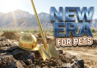 A viral, hyper-realistic YouTube thumbnail with a Hopeful News atmosphere. The background is a bright, sunny construction site in Grand Junction, Colorado with the distinct Book Cliffs mountains in the distance. The composition uses a Low Angle to focus on the main subject: a detailed Faceless Golden Shovel stuck into a pile of dirt. Image size should be 3:2. The image features massive 3D typography with strict hierarchy: The Primary Text reads exactly: 'NEW ERA'. This text is massive, the largest element in the frame, rendered in Polished Blue Metal to look like a high-budget 3D render. The Secondary Text reads exactly: 'FOR PETS'. This text is significantly smaller, positioned below the main text. It features a thick, distinct orange border/outline (sticker style) to contrast against the background. Make sure text 2 is always different theme, style, effect and border compared to text 1. The text materials correspond to the story's concept. Crucial Instruction: There is absolutely NO other text, numbers, watermarks, or subtitles in this image other than these two specific lines. 8k, Unreal Engine 5, cinematic render.