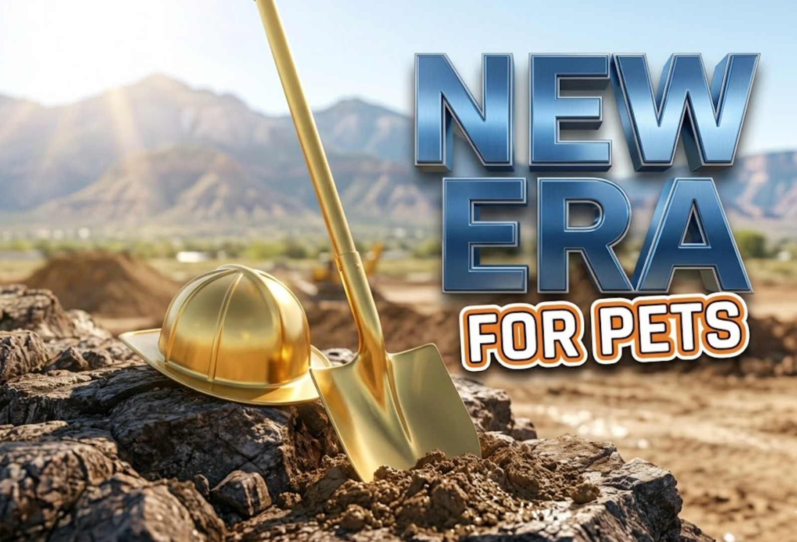 A viral, hyper-realistic YouTube thumbnail with a Hopeful News atmosphere. The background is a bright, sunny construction site in Grand Junction, Colorado with the distinct Book Cliffs mountains in the distance. The composition uses a Low Angle to focus on the main subject: a detailed Faceless Golden Shovel stuck into a pile of dirt. Image size should be 3:2. The image features massive 3D typography with strict hierarchy: The Primary Text reads exactly: 'NEW ERA'. This text is massive, the largest element in the frame, rendered in Polished Blue Metal to look like a high-budget 3D render. The Secondary Text reads exactly: 'FOR PETS'. This text is significantly smaller, positioned below the main text. It features a thick, distinct orange border/outline (sticker style) to contrast against the background. Make sure text 2 is always different theme, style, effect and border compared to text 1. The text materials correspond to the story's concept. Crucial Instruction: There is absolutely NO other text, numbers, watermarks, or subtitles in this image other than these two specific lines. 8k, Unreal Engine 5, cinematic render.