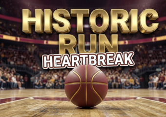 A viral, hyper-realistic YouTube thumbnail with a Sports Stadium atmosphere. The background is a blurred, high-energy basketball arena with maroon and gold ambient stadium lighting. The composition uses a Low Angle to focus on the main subject: a detailed Faceless Basketball Resting on a Court Floor. Image size should be 3:2. The image features massive 3D typography with strict hierarchy: The Primary Text reads exactly: 'HISTORIC RUN'. This text is massive, the largest element in the frame, rendered in Gold Chrome to look like a high-budget 3D render. The Secondary Text reads exactly: 'HEARTBREAK'. This text is significantly smaller, positioned below the main text. It features a thick, distinct white border outline (sticker style) to contrast against the background. Make sure text 2 is always different theme, style, effect and border compared to text 1.