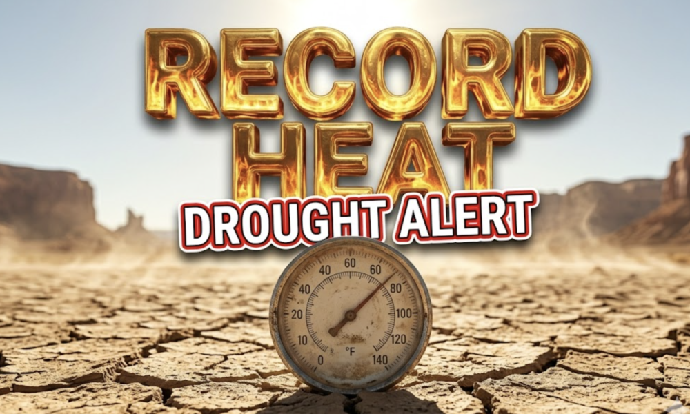 A viral, hyper-realistic YouTube thumbnail with a Environmental Crisis atmosphere. The background is a dry, cracked desert floor near Grand Junction with heat waves rising under harsh sunlight with High Contrast Lighting. The composition uses a Low Angle to focus on the main subject: a weathered, vintage analog outdoor thermometer stuck in the ground. Image size should be 3:2. The image features massive 3D typography with strict hierarchy: The Primary Text reads exactly: 'RECORD HEAT'. This text is massive, the largest element in the frame, rendered in Molten Gold to look like a high-budget 3D render. The Secondary Text reads exactly: 'DROUGHT ALERT'. This text is significantly smaller, positioned below or next to the main text. It features a thick, distinct color border/outline (sticker style) to contrast against the background. Make sure text 2 is always different theme, style, effect and border compared to text 1.