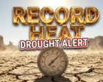 A viral, hyper-realistic YouTube thumbnail with a Environmental Crisis atmosphere. The background is a dry, cracked desert floor near Grand Junction with heat waves rising under harsh sunlight with High Contrast Lighting. The composition uses a Low Angle to focus on the main subject: a weathered, vintage analog outdoor thermometer stuck in the ground. Image size should be 3:2. The image features massive 3D typography with strict hierarchy: The Primary Text reads exactly: 'RECORD HEAT'. This text is massive, the largest element in the frame, rendered in Molten Gold to look like a high-budget 3D render. The Secondary Text reads exactly: 'DROUGHT ALERT'. This text is significantly smaller, positioned below or next to the main text. It features a thick, distinct color border/outline (sticker style) to contrast against the background. Make sure text 2 is always different theme, style, effect and border compared to text 1.