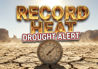 A viral, hyper-realistic YouTube thumbnail with a Environmental Crisis atmosphere. The background is a dry, cracked desert floor near Grand Junction with heat waves rising under harsh sunlight with High Contrast Lighting. The composition uses a Low Angle to focus on the main subject: a weathered, vintage analog outdoor thermometer stuck in the ground. Image size should be 3:2. The image features massive 3D typography with strict hierarchy: The Primary Text reads exactly: 'RECORD HEAT'. This text is massive, the largest element in the frame, rendered in Molten Gold to look like a high-budget 3D render. The Secondary Text reads exactly: 'DROUGHT ALERT'. This text is significantly smaller, positioned below or next to the main text. It features a thick, distinct color border/outline (sticker style) to contrast against the background. Make sure text 2 is always different theme, style, effect and border compared to text 1.