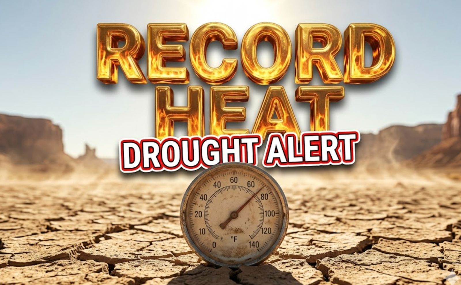 A viral, hyper-realistic YouTube thumbnail with a Environmental Crisis atmosphere. The background is a dry, cracked desert floor near Grand Junction with heat waves rising under harsh sunlight with High Contrast Lighting. The composition uses a Low Angle to focus on the main subject: a weathered, vintage analog outdoor thermometer stuck in the ground. Image size should be 3:2. The image features massive 3D typography with strict hierarchy: The Primary Text reads exactly: 'RECORD HEAT'. This text is massive, the largest element in the frame, rendered in Molten Gold to look like a high-budget 3D render. The Secondary Text reads exactly: 'DROUGHT ALERT'. This text is significantly smaller, positioned below or next to the main text. It features a thick, distinct color border/outline (sticker style) to contrast against the background. Make sure text 2 is always different theme, style, effect and border compared to text 1.