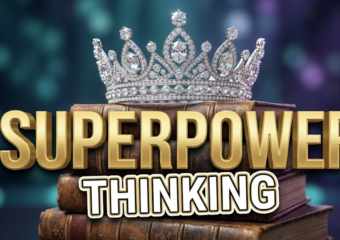 A viral, hyper-realistic YouTube thumbnail with a sleek, inspirational atmosphere. The background is a blurred, high-end stage environment with soft bokeh lighting in teal and purple. The composition uses a low angle to focus on the main subject: a sparkling diamond crown resting on a stack of books. Image size should be 3:2. The image features massive 3D typography with strict hierarchy: The Primary Text reads exactly: 'SUPERPOWER'. This text is massive, the largest element in the frame, rendered in Gold to look like a high-budget 3D render. The Secondary Text reads exactly: 'THINKING'. This text is significantly smaller, positioned below the main text. It features a thick, distinct white border/outline (sticker style) to contrast against the background. Make sure text 2 is always different theme, style, effect and border compared to text 1.