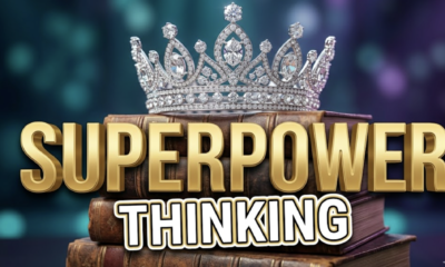 A viral, hyper-realistic YouTube thumbnail with a sleek, inspirational atmosphere. The background is a blurred, high-end stage environment with soft bokeh lighting in teal and purple. The composition uses a low angle to focus on the main subject: a sparkling diamond crown resting on a stack of books. Image size should be 3:2. The image features massive 3D typography with strict hierarchy: The Primary Text reads exactly: 'SUPERPOWER'. This text is massive, the largest element in the frame, rendered in Gold to look like a high-budget 3D render. The Secondary Text reads exactly: 'THINKING'. This text is significantly smaller, positioned below the main text. It features a thick, distinct white border/outline (sticker style) to contrast against the background. Make sure text 2 is always different theme, style, effect and border compared to text 1.