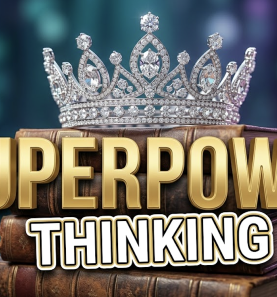 A viral, hyper-realistic YouTube thumbnail with a sleek, inspirational atmosphere. The background is a blurred, high-end stage environment with soft bokeh lighting in teal and purple. The composition uses a low angle to focus on the main subject: a sparkling diamond crown resting on a stack of books. Image size should be 3:2. The image features massive 3D typography with strict hierarchy: The Primary Text reads exactly: 'SUPERPOWER'. This text is massive, the largest element in the frame, rendered in Gold to look like a high-budget 3D render. The Secondary Text reads exactly: 'THINKING'. This text is significantly smaller, positioned below the main text. It features a thick, distinct white border/outline (sticker style) to contrast against the background. Make sure text 2 is always different theme, style, effect and border compared to text 1.