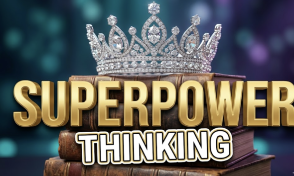 A viral, hyper-realistic YouTube thumbnail with a sleek, inspirational atmosphere. The background is a blurred, high-end stage environment with soft bokeh lighting in teal and purple. The composition uses a low angle to focus on the main subject: a sparkling diamond crown resting on a stack of books. Image size should be 3:2. The image features massive 3D typography with strict hierarchy: The Primary Text reads exactly: 'SUPERPOWER'. This text is massive, the largest element in the frame, rendered in Gold to look like a high-budget 3D render. The Secondary Text reads exactly: 'THINKING'. This text is significantly smaller, positioned below the main text. It features a thick, distinct white border/outline (sticker style) to contrast against the background. Make sure text 2 is always different theme, style, effect and border compared to text 1.