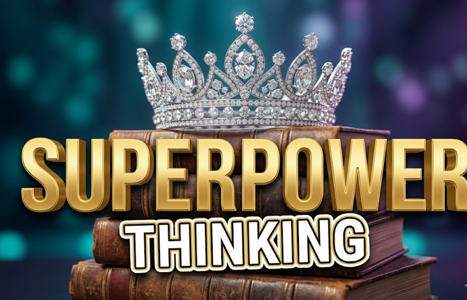 A viral, hyper-realistic YouTube thumbnail with a sleek, inspirational atmosphere. The background is a blurred, high-end stage environment with soft bokeh lighting in teal and purple. The composition uses a low angle to focus on the main subject: a sparkling diamond crown resting on a stack of books. Image size should be 3:2. The image features massive 3D typography with strict hierarchy: The Primary Text reads exactly: 'SUPERPOWER'. This text is massive, the largest element in the frame, rendered in Gold to look like a high-budget 3D render. The Secondary Text reads exactly: 'THINKING'. This text is significantly smaller, positioned below the main text. It features a thick, distinct white border/outline (sticker style) to contrast against the background. Make sure text 2 is always different theme, style, effect and border compared to text 1.