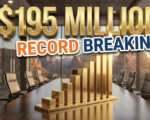 A viral, hyper-realistic YouTube thumbnail with a Business/Gold atmosphere. The background is a detailed modern boardroom with a view of the Colorado National Monument mountains outside the window with warm, golden hour lighting. The composition uses a Low Angle to focus on the main subject: a detailed Faceless Gold Graph Bar rising sharply. Image size should be 3:2. The image features massive 3D typography with strict hierarchy: The Primary Text reads exactly: '$195 MILLION'. This text is massive, the largest element in the frame, rendered in Gold to look like a high-budget 3D render. The Secondary Text reads exactly: 'RECORD BREAKING'. This text is significantly smaller, positioned below or next to the main text. It features a thick, distinct white border/outline (sticker style) to contrast against the background. Make sure text 2 is always different theme, style, effect and border compared to text 1.