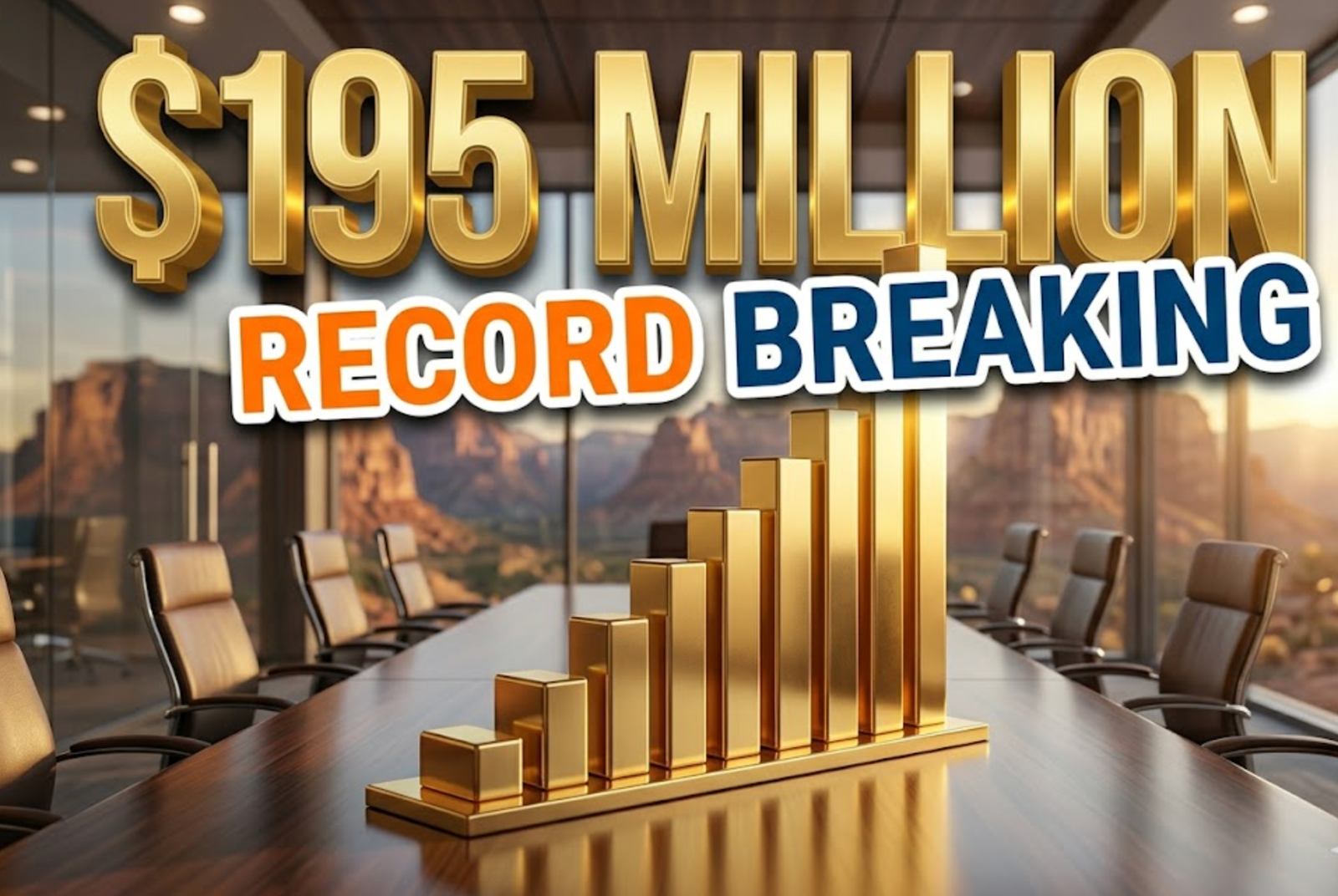 A viral, hyper-realistic YouTube thumbnail with a Business/Gold atmosphere. The background is a detailed modern boardroom with a view of the Colorado National Monument mountains outside the window with warm, golden hour lighting. The composition uses a Low Angle to focus on the main subject: a detailed Faceless Gold Graph Bar rising sharply. Image size should be 3:2. The image features massive 3D typography with strict hierarchy: The Primary Text reads exactly: '$195 MILLION'. This text is massive, the largest element in the frame, rendered in Gold to look like a high-budget 3D render. The Secondary Text reads exactly: 'RECORD BREAKING'. This text is significantly smaller, positioned below or next to the main text. It features a thick, distinct white border/outline (sticker style) to contrast against the background. Make sure text 2 is always different theme, style, effect and border compared to text 1.