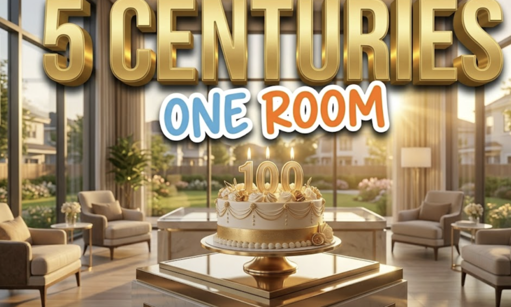 A viral, hyper-realistic YouTube thumbnail with a Lifestyle atmosphere. The background is a sunny, modern senior living lobby with large windows and golden hour lighting. The composition uses a Eye-Level Shot to focus on the main subject: a decorated birthday cake with '100' candles. Image size should be 3:2. The image features massive 3D typography with strict hierarchy: The Primary Text reads exactly: '5 CENTURIES'. This text is massive, the largest element in the frame, rendered in Gold to look like a high-budget 3D render. The Secondary Text reads exactly: 'ONE ROOM'. This text is significantly smaller, positioned below or next to the main text. It features a thick, distinct color border/outline (sticker style) to contrast against the background. Make sure text 2 is always different theme, style, effect and border compared to text 1.