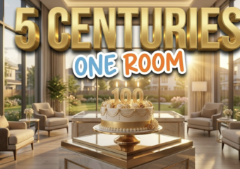 A viral, hyper-realistic YouTube thumbnail with a Lifestyle atmosphere. The background is a sunny, modern senior living lobby with large windows and golden hour lighting. The composition uses a Eye-Level Shot to focus on the main subject: a decorated birthday cake with '100' candles. Image size should be 3:2. The image features massive 3D typography with strict hierarchy: The Primary Text reads exactly: '5 CENTURIES'. This text is massive, the largest element in the frame, rendered in Gold to look like a high-budget 3D render. The Secondary Text reads exactly: 'ONE ROOM'. This text is significantly smaller, positioned below or next to the main text. It features a thick, distinct color border/outline (sticker style) to contrast against the background. Make sure text 2 is always different theme, style, effect and border compared to text 1.
