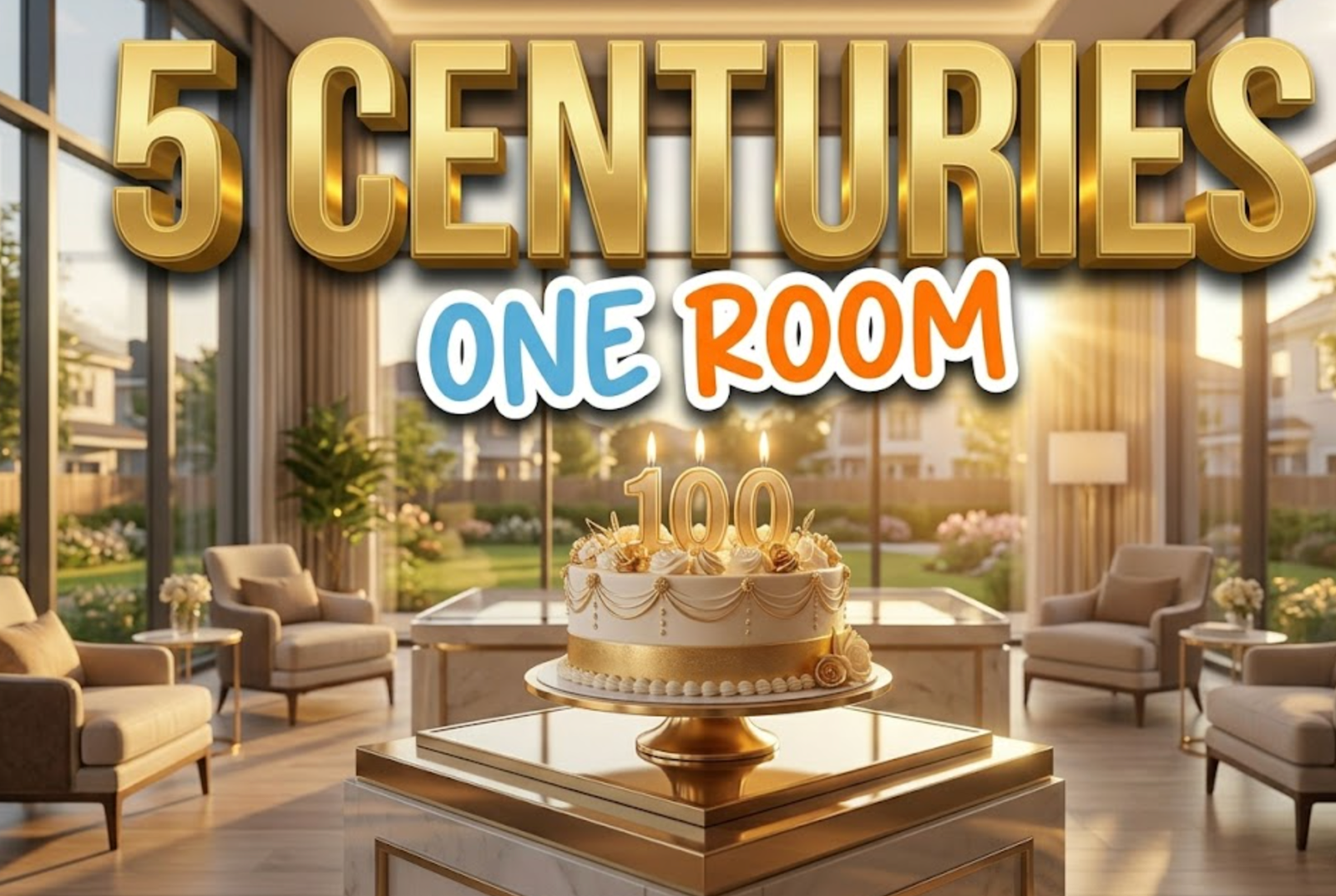 A viral, hyper-realistic YouTube thumbnail with a Lifestyle atmosphere. The background is a sunny, modern senior living lobby with large windows and golden hour lighting. The composition uses a Eye-Level Shot to focus on the main subject: a decorated birthday cake with '100' candles. Image size should be 3:2. The image features massive 3D typography with strict hierarchy: The Primary Text reads exactly: '5 CENTURIES'. This text is massive, the largest element in the frame, rendered in Gold to look like a high-budget 3D render. The Secondary Text reads exactly: 'ONE ROOM'. This text is significantly smaller, positioned below or next to the main text. It features a thick, distinct color border/outline (sticker style) to contrast against the background. Make sure text 2 is always different theme, style, effect and border compared to text 1.