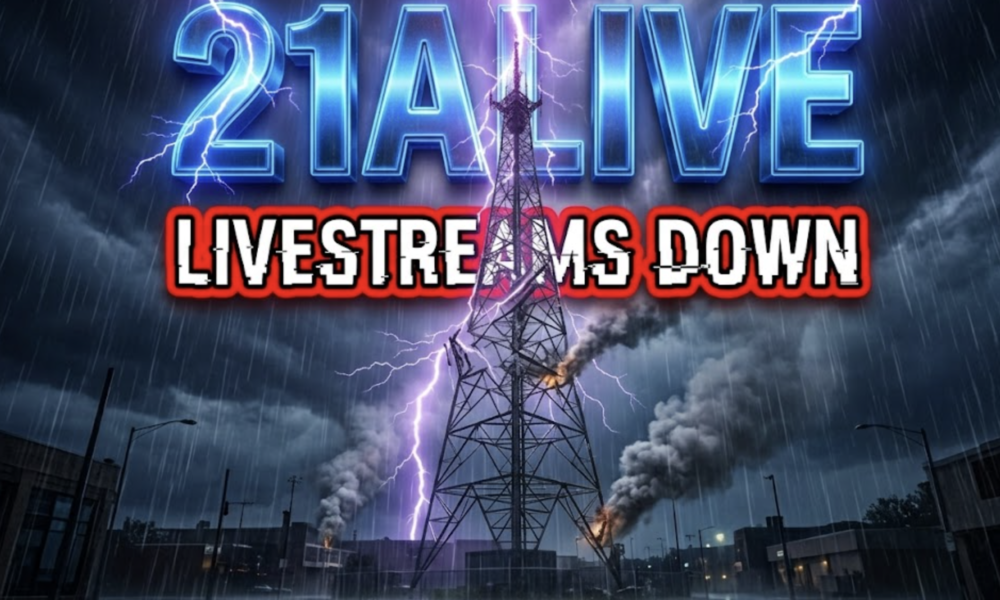 A viral, hyper-realistic YouTube thumbnail with a dramatic storm/news atmosphere. The background is a dark, chaotic night sky over Fort Wayne with intense purple lightning strikes and heavy rain pouring down on the 21Alive transmission tower that's visibly damaged and sparking. The composition uses a dramatic low-angle shot to focus on the main subject: a twisted, lightning-struck broadcast tower with smoke rising. Image size should be 3:2. The image features massive 3D typography with strict hierarchy: The Primary Text reads exactly: '21ALIVE'. This text is massive, the largest element in the frame, rendered in glowing electric blue chrome with crackling lightning effects to look like a high-budget 3D render. The Secondary Text reads exactly: 'LIVESTREAMS DOWN'. This text is significantly smaller, positioned below the main text. It features a thick, bright red border/outline (sticker style) with glitch distortion effect to contrast against the stormy background. Make sure text 2 is always different theme, style, effect and border compared to text 1.