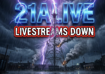 A viral, hyper-realistic YouTube thumbnail with a dramatic storm/news atmosphere. The background is a dark, chaotic night sky over Fort Wayne with intense purple lightning strikes and heavy rain pouring down on the 21Alive transmission tower that's visibly damaged and sparking. The composition uses a dramatic low-angle shot to focus on the main subject: a twisted, lightning-struck broadcast tower with smoke rising. Image size should be 3:2. The image features massive 3D typography with strict hierarchy: The Primary Text reads exactly: '21ALIVE'. This text is massive, the largest element in the frame, rendered in glowing electric blue chrome with crackling lightning effects to look like a high-budget 3D render. The Secondary Text reads exactly: 'LIVESTREAMS DOWN'. This text is significantly smaller, positioned below the main text. It features a thick, bright red border/outline (sticker style) with glitch distortion effect to contrast against the stormy background. Make sure text 2 is always different theme, style, effect and border compared to text 1.
