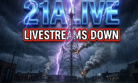 A viral, hyper-realistic YouTube thumbnail with a dramatic storm/news atmosphere. The background is a dark, chaotic night sky over Fort Wayne with intense purple lightning strikes and heavy rain pouring down on the 21Alive transmission tower that's visibly damaged and sparking. The composition uses a dramatic low-angle shot to focus on the main subject: a twisted, lightning-struck broadcast tower with smoke rising. Image size should be 3:2. The image features massive 3D typography with strict hierarchy: The Primary Text reads exactly: '21ALIVE'. This text is massive, the largest element in the frame, rendered in glowing electric blue chrome with crackling lightning effects to look like a high-budget 3D render. The Secondary Text reads exactly: 'LIVESTREAMS DOWN'. This text is significantly smaller, positioned below the main text. It features a thick, bright red border/outline (sticker style) with glitch distortion effect to contrast against the stormy background. Make sure text 2 is always different theme, style, effect and border compared to text 1.