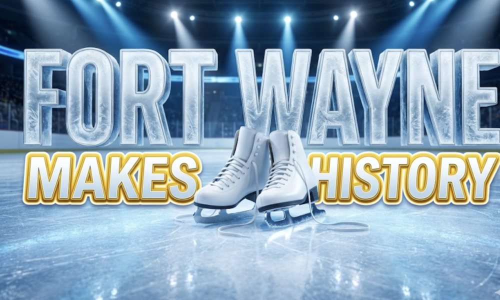 A viral, hyper-realistic YouTube thumbnail with a kinetic, icy-blue winter sports atmosphere. The background is a gleaming indoor ice rink arena with dramatic overhead spotlights casting cool white and electric blue beams across a freshly resurfaced ice surface, with blurred spectator stands in the distance. The composition uses a low angle shot from ice level to focus on the main subject: a pair of pristine white figure skates sitting center-ice with their blades gleaming under the arena lights, laces loosely draped. Image size should be 3:2. The image features massive 3D typography with strict hierarchy: The Primary Text reads exactly: 'FORT WAYNE'. This text is massive, the largest element in the frame, rendered in frosted chrome with ice crystal detailing to look like a high-budget 3D render. The Secondary Text reads exactly: 'MAKES HISTORY'. This text is significantly smaller, positioned below the main text. It features a thick, bright gold border/outline in sticker style to contrast against the cool blue background. Make sure text 2 is always different theme, style, effect and border compared to text 1. The text materials correspond to the story's concept. Crucial Instruction: There is absolutely NO other text, numbers, watermarks, or subtitles in this image other than these two specific lines. 8k, Unreal Engine 5, cinematic render.