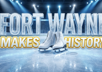 A viral, hyper-realistic YouTube thumbnail with a kinetic, icy-blue winter sports atmosphere. The background is a gleaming indoor ice rink arena with dramatic overhead spotlights casting cool white and electric blue beams across a freshly resurfaced ice surface, with blurred spectator stands in the distance. The composition uses a low angle shot from ice level to focus on the main subject: a pair of pristine white figure skates sitting center-ice with their blades gleaming under the arena lights, laces loosely draped. Image size should be 3:2. The image features massive 3D typography with strict hierarchy: The Primary Text reads exactly: 'FORT WAYNE'. This text is massive, the largest element in the frame, rendered in frosted chrome with ice crystal detailing to look like a high-budget 3D render. The Secondary Text reads exactly: 'MAKES HISTORY'. This text is significantly smaller, positioned below the main text. It features a thick, bright gold border/outline in sticker style to contrast against the cool blue background. Make sure text 2 is always different theme, style, effect and border compared to text 1. The text materials correspond to the story's concept. Crucial Instruction: There is absolutely NO other text, numbers, watermarks, or subtitles in this image other than these two specific lines. 8k, Unreal Engine 5, cinematic render.