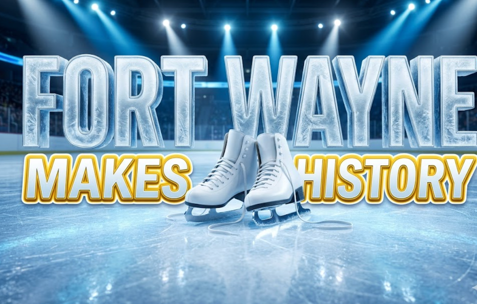 A viral, hyper-realistic YouTube thumbnail with a kinetic, icy-blue winter sports atmosphere. The background is a gleaming indoor ice rink arena with dramatic overhead spotlights casting cool white and electric blue beams across a freshly resurfaced ice surface, with blurred spectator stands in the distance. The composition uses a low angle shot from ice level to focus on the main subject: a pair of pristine white figure skates sitting center-ice with their blades gleaming under the arena lights, laces loosely draped. Image size should be 3:2. The image features massive 3D typography with strict hierarchy: The Primary Text reads exactly: 'FORT WAYNE'. This text is massive, the largest element in the frame, rendered in frosted chrome with ice crystal detailing to look like a high-budget 3D render. The Secondary Text reads exactly: 'MAKES HISTORY'. This text is significantly smaller, positioned below the main text. It features a thick, bright gold border/outline in sticker style to contrast against the cool blue background. Make sure text 2 is always different theme, style, effect and border compared to text 1. The text materials correspond to the story's concept. Crucial Instruction: There is absolutely NO other text, numbers, watermarks, or subtitles in this image other than these two specific lines. 8k, Unreal Engine 5, cinematic render.