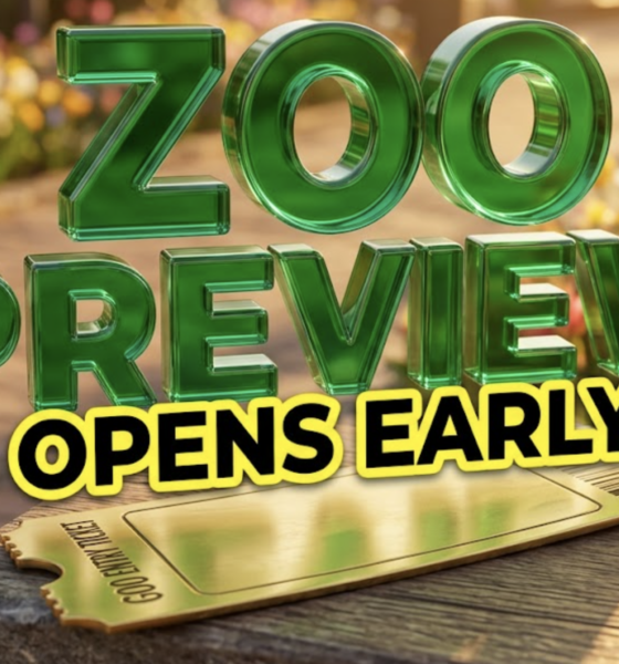 A viral, hyper-realistic YouTube thumbnail with a bright and sunny Lifestyle atmosphere. The background is a vibrant zoo pathway blooming with spring flowers with warm golden hour lighting. The composition uses a Macro angle to focus on the main subject: a Detailed Faceless Golden Zoo Entry Ticket. Image size should be 3:2. The image features massive 3D typography with strict hierarchy: The Primary Text reads exactly: 'ZOO PREVIEW'. This text is massive, the largest element in the frame, rendered in Shiny Emerald Glass to look like a high-budget 3D render. The Secondary Text reads exactly: 'OPENS EARLY'. This text is significantly smaller, positioned below or next to the main text. It features a thick, distinct bright yellow color border/outline (sticker style) to contrast against the background. Make sure text 2 is always different theme, style, effect and border compared to text 1. The text materials correspond to the story's concept. Crucial Instruction: There is absolutely NO other text, numbers, watermarks, or subtitles in this image other than these two specific lines. 8k, Unreal Engine 5, cinematic render.