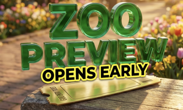 A viral, hyper-realistic YouTube thumbnail with a bright and sunny Lifestyle atmosphere. The background is a vibrant zoo pathway blooming with spring flowers with warm golden hour lighting. The composition uses a Macro angle to focus on the main subject: a Detailed Faceless Golden Zoo Entry Ticket. Image size should be 3:2. The image features massive 3D typography with strict hierarchy: The Primary Text reads exactly: 'ZOO PREVIEW'. This text is massive, the largest element in the frame, rendered in Shiny Emerald Glass to look like a high-budget 3D render. The Secondary Text reads exactly: 'OPENS EARLY'. This text is significantly smaller, positioned below or next to the main text. It features a thick, distinct bright yellow color border/outline (sticker style) to contrast against the background. Make sure text 2 is always different theme, style, effect and border compared to text 1. The text materials correspond to the story's concept. Crucial Instruction: There is absolutely NO other text, numbers, watermarks, or subtitles in this image other than these two specific lines. 8k, Unreal Engine 5, cinematic render.