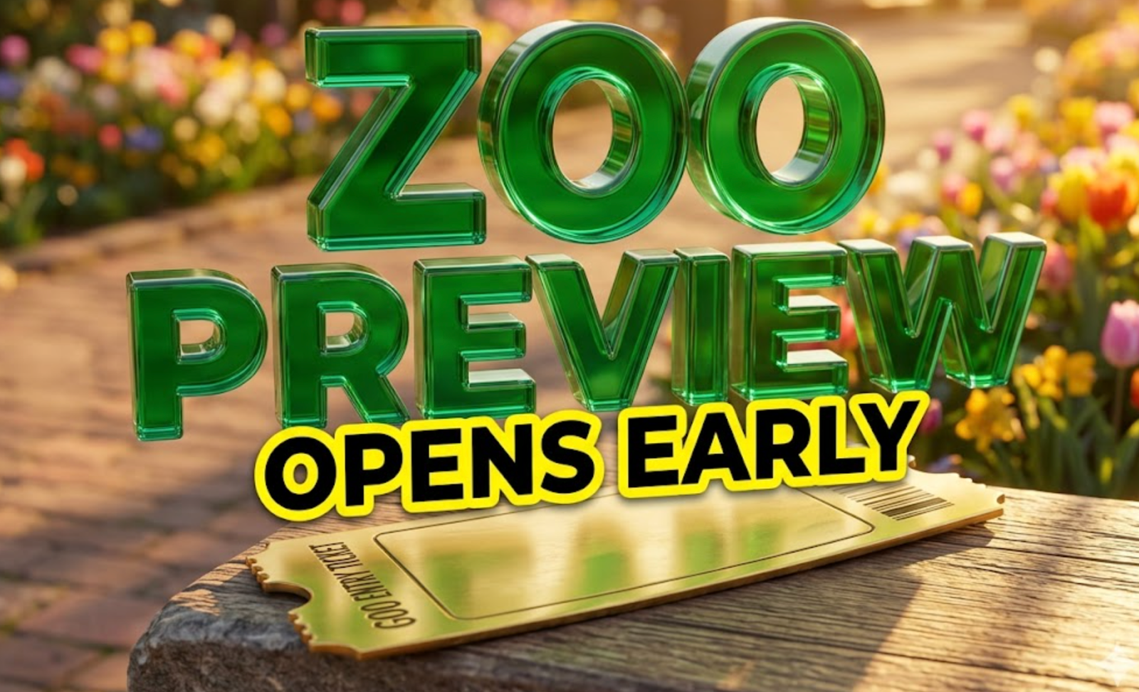 A viral, hyper-realistic YouTube thumbnail with a bright and sunny Lifestyle atmosphere. The background is a vibrant zoo pathway blooming with spring flowers with warm golden hour lighting. The composition uses a Macro angle to focus on the main subject: a Detailed Faceless Golden Zoo Entry Ticket. Image size should be 3:2. The image features massive 3D typography with strict hierarchy: The Primary Text reads exactly: 'ZOO PREVIEW'. This text is massive, the largest element in the frame, rendered in Shiny Emerald Glass to look like a high-budget 3D render. The Secondary Text reads exactly: 'OPENS EARLY'. This text is significantly smaller, positioned below or next to the main text. It features a thick, distinct bright yellow color border/outline (sticker style) to contrast against the background. Make sure text 2 is always different theme, style, effect and border compared to text 1. The text materials correspond to the story's concept. Crucial Instruction: There is absolutely NO other text, numbers, watermarks, or subtitles in this image other than these two specific lines. 8k, Unreal Engine 5, cinematic render.