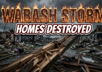 A viral, hyper-realistic YouTube thumbnail with a Kinetic atmosphere. The background is a ruined residential street after a massive storm with dark stormy lighting. The composition uses a Low Angle to focus on the main subject: a huge shattered wood beam. Image size should be 3:2. The image features massive 3D typography with strict hierarchy: The Primary Text reads exactly: 'WABASH STORM'. This text is massive, the largest element in the frame, rendered in Fire to look like a high-budget 3D render. The Secondary Text reads exactly: 'HOMES DESTROYED'. This text is significantly smaller, positioned below or next to the main text. It features a thick, distinct color border/outline (sticker style) to contrast against the background. Make sure text 2 is always different theme, style, effect and border compared to text 1. The text materials correspond to the story's concept. Crucial Instruction: There is absolutely NO other text, numbers, watermarks, or subtitles in this image other than these two specific lines. 8k, Unreal Engine 5, cinematic render.